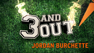 Graphic text reading '3 AND OUT with JORDAN BURCHETTE' over green grass with flames on the sides.