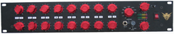 A black rack-mounted audio device featuring two rows of red control knobs and various switches.
