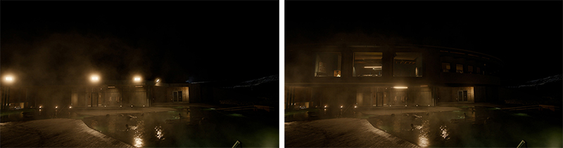 Night views of a dark building with glowing windows and lights reflecting in a pool of water.