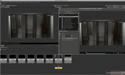 A dark-themed video editing software interface showing multiple preview windows and a timeline of clips.