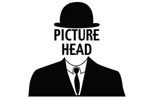 Silhouette of a man in a suit and bowler hat with the text 'PICTURE HEAD' in place of his face.