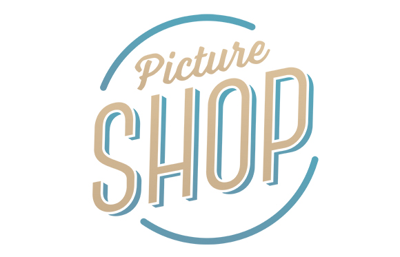 A stylized logo with the words 'Picture Shop' in tan and blue lettering inside a circular frame.