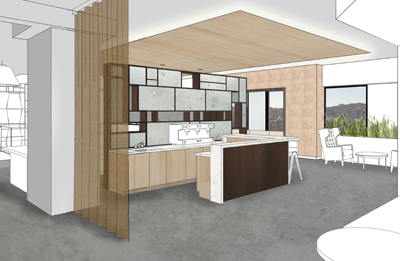 3D rendering of a modern kitchen with wood accents, a large island, and a living area with a window view.