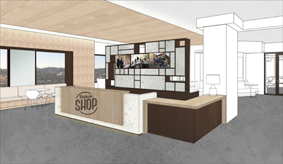A digital rendering of a modern office reception desk with a patterned feature wall and large windows.