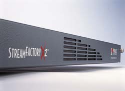 A gray StreamFactory X2 electronic device with ventilation slots and white and red text.