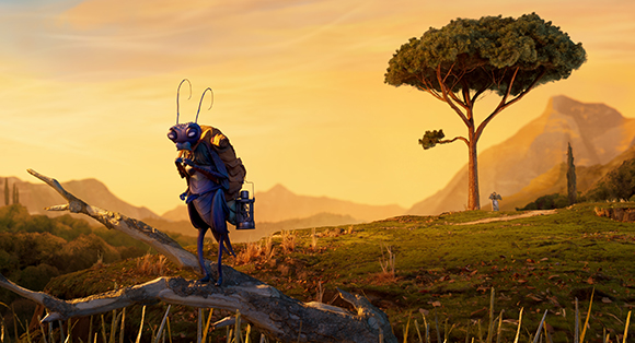 An anthropomorphic blue insect with a backpack stands on a fallen log overlooking a golden valley.