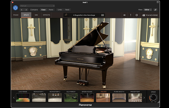 A black grand piano sits in an ornate palace room within a software interface.