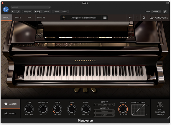 Digital interface of Pianoverse software featuring a realistic black grand piano and various control settings.