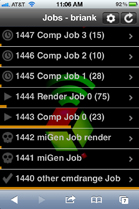 A mobile app interface showing a list of numbered jobs with status icons and progress indicators.