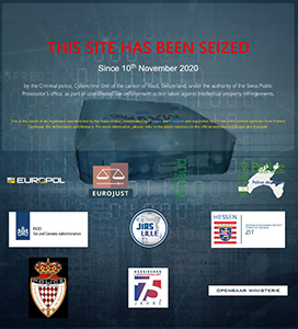 A dark blue notice stating 'THIS SITE HAS BEEN SEIZED' since November 10, 2020, with various law enforcement logos.