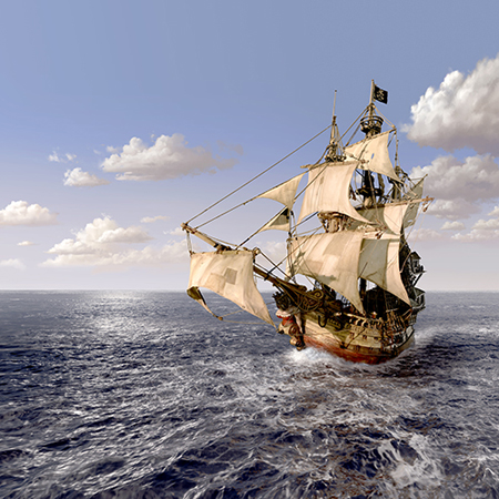 A multi-masted wooden sailing ship with large white sails moving through dark blue ocean waves.