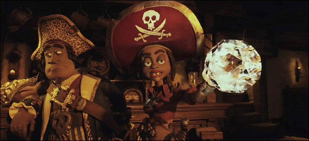 Two animated pirates wearing large hats, one holding a glowing, faceted crystal orb.