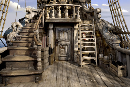 Wooden stairs and a ladder lead to a cabin door on the weathered deck of an old sailing ship.