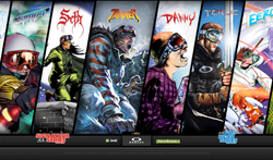 Six colorful, comic-style illustrations of athletes wearing goggles and helmets.