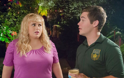 A blonde woman in a pink shirt looks surprised while talking to a man in a green polo shirt.