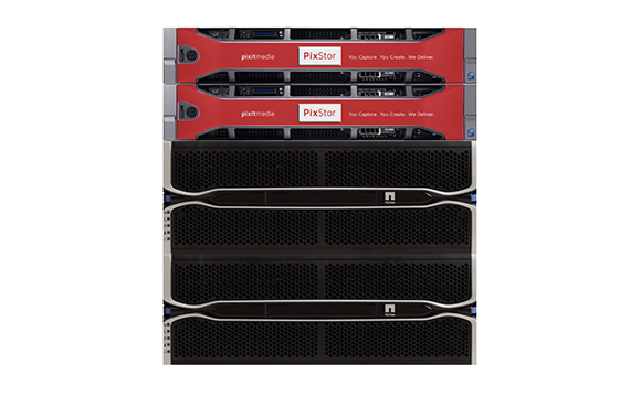 A stack of two red PixStor servers on top of two black server units.