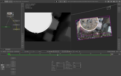 Software interface showing a node graph, a grayscale preview, and a 3D perspective view of a building.