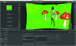 Video editing software interface displaying a woman standing among large red mushrooms on a green screen.