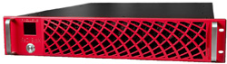 A red metal server chassis with a black mesh front panel and silver mounting brackets.