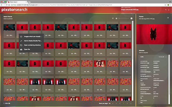 A digital interface showing a grid of various image thumbnails and a metadata sidebar.