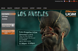 Promotional graphic for a ZBrush user group meeting in Los Angeles featuring a digital creature sculpt.