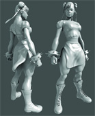 Two grey 3D digital sculpts of a female character in a skirt and boots, shown from side and front views.