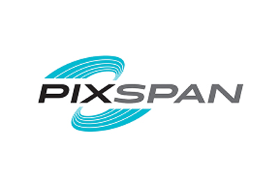 Pixspan logo featuring blue curved lines and bold black and gray text on a white background.