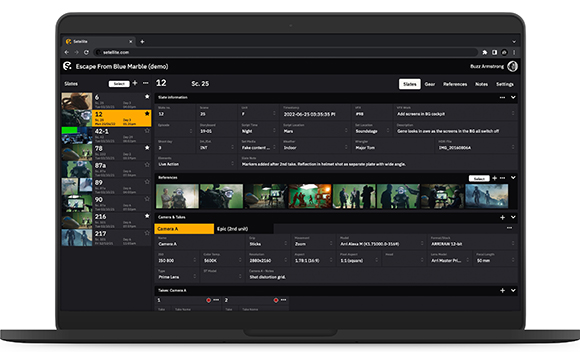 Laptop screen showing a dark-themed film production dashboard with scene details, slate information, and video clips.