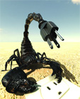 A black scorpion in a desert with an electrical plug as its stinger, approaching a wall outlet.