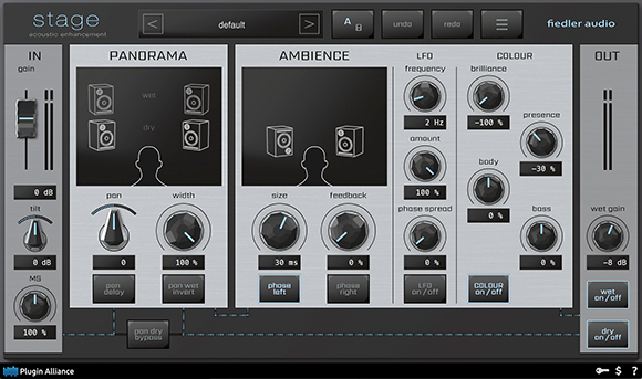 Digital audio workstation plugin interface with knobs, sliders, and panels for panorama, ambience, and colour.