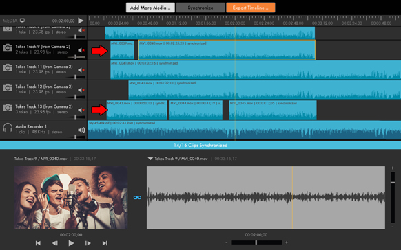 A video editing software interface showing multiple blue audio tracks on a timeline.