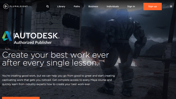 Pluralsight website featuring Autodesk branding and a large robotic figure in a dark landscape.