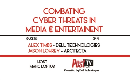 Text graphic for a program titled Combating Cyber Threats in Media & Entertainment featuring Alex Timbs and Jason Lohrey.