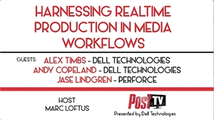 Text graphic for a presentation on realtime production in media workflows featuring guests and a host.
