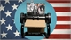 A black printing machine sits in front of a light blue circle and the United States flag.