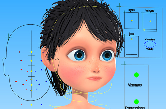 3D digital model of a girl's face with various control panels for eyes, tongue, jaw, visemes, and expressions.