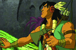 Animated man with long dark hair, wearing a green vest, holding an axe and carrying a quiver of arrows.
