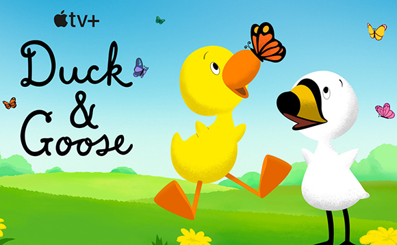 A yellow duckling and a white goose stand in a green field under a blue sky with butterflies.