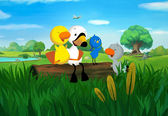Cartoon ducks, a flamingo, and blue birds sitting on a log in a sunny green field.