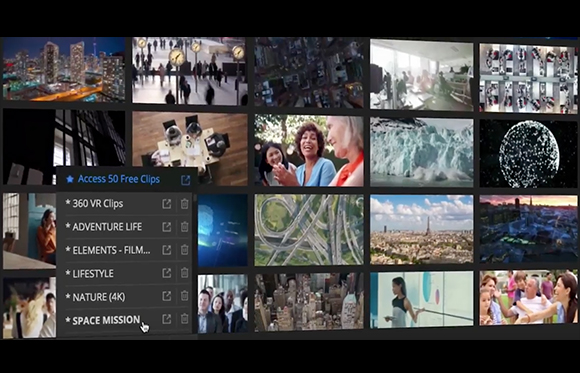 A digital interface displaying a grid of diverse video thumbnails and a pop-up menu with category options.