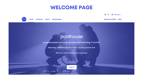 Poolhouse welcome page featuring a blue-tinted background image of people working with camera equipment.