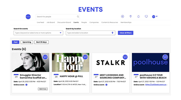 Webpage interface showing an events dashboard with search filters and a list of six upcoming or past events.
