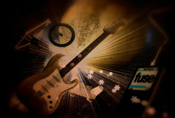 A collage of an electric guitar, musical notes, and a digital device with the word 'fuse' on a dark background.