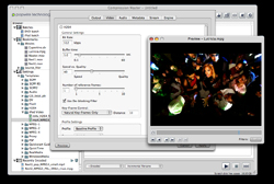 Software windows showing video compression control settings and a video preview of a crowd.