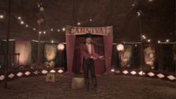 A man in a red jacket and top hat stands in a dimly lit circus tent with carnival posters.