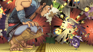 A large man in traditional blue clothing crouches to look at a small purple frog holding a miniature umbrella.
