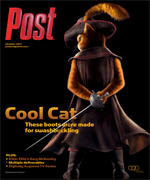 Puss in Boots, the animated cat character, is depicted in a swashbuckling pose on the cover of Post magazine.