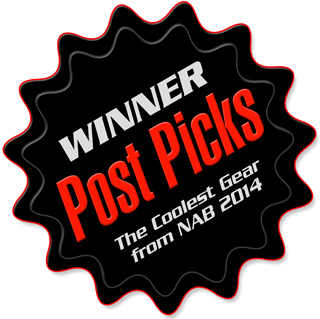 Black starburst badge with red border reading WINNER Post Picks: The Coolest Gear from NAB 2014