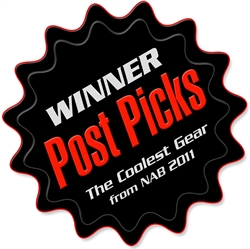 Black scalloped badge with red and white text reading Winner Post Picks, The Coolest Gear from NAB 2011