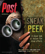 Magazine cover with "Post" logo and "Sneak Peek" headline, showing camera lenses as eyes and bullet-shaped objects.